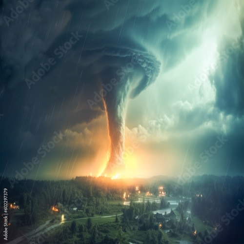 dramatic and powerful tornado. Lightning thunderstorm flash over the night sky. Concept on topic weather, cataclysms (hurricane, Typhoon, tornado, storm). Stormy Landscape. See Less 