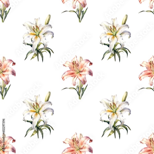 Seamless pattern with many lily flowers on white background in watercolor style. Generative AI.