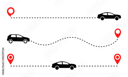 Set of cars dashed routes. Distance from start to finish. Location car. Transport way. Pin point on map.