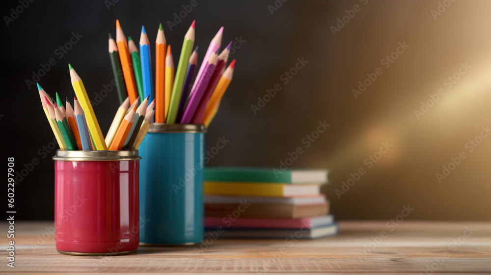 A set of colouring pencils on a desk with an out of focus classroom background. A.I. generated. A set of colouring pencils on a desk with an out of focus classroom background. A.I. generated.