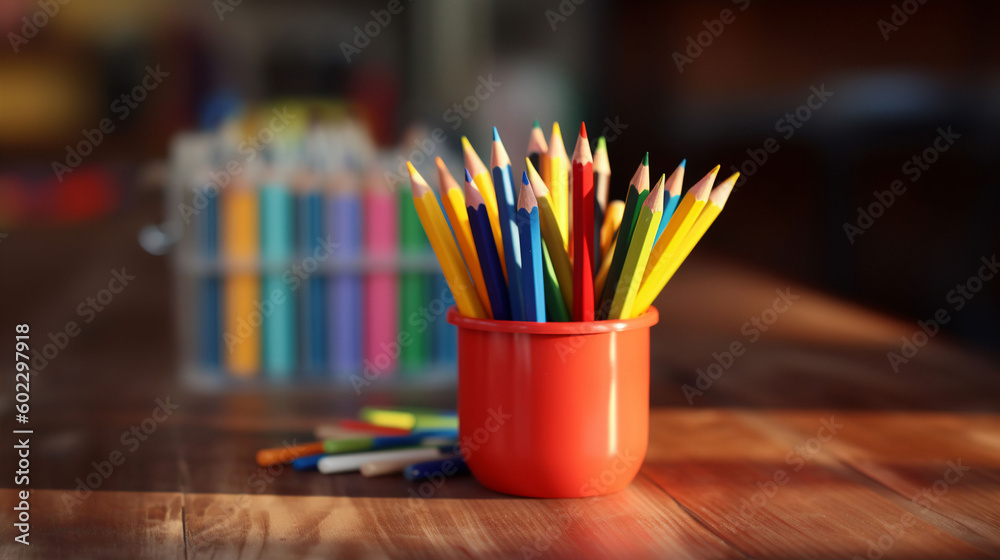 A set of colouring pencils on a desk with an out of focus classroom background. A.I. generated. A set of colouring pencils on a desk with an out of focus classroom background. A.I. generated.