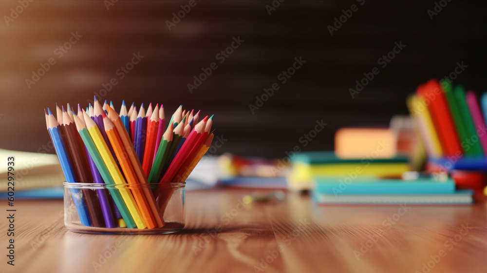 A set of colouring pencils on a desk with an out of focus classroom background. A.I. generated. A set of colouring pencils on a desk with an out of focus classroom background. A.I. generated.