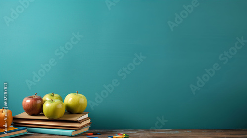Apples on a stack of books and stationery on a desk against a teal background. A.I. generated.