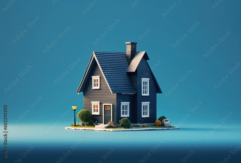 miniature model house on blue background, generative ai - obrazy, fototapety, plakaty 