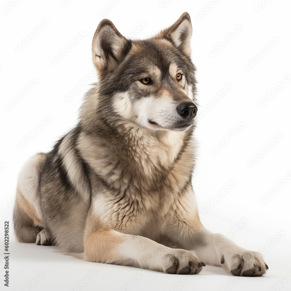 Wolf laying down on white background