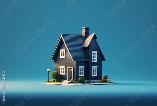 miniature model house on blue background, generative ai photo