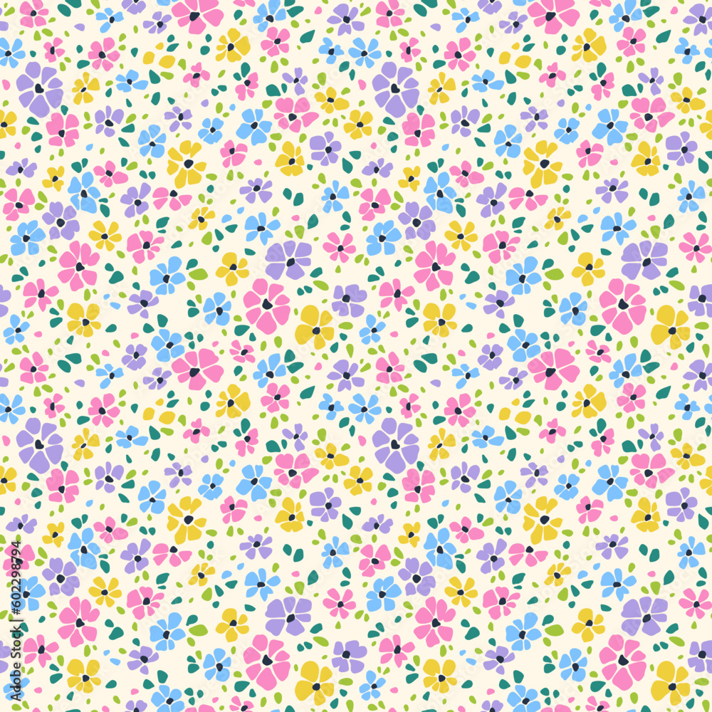 Cute seamless floral pattern. Ditsy style background of small colorful flowers. Small blooming flowers scattered over a white background. Stock vector for printing on surfaces and web design.