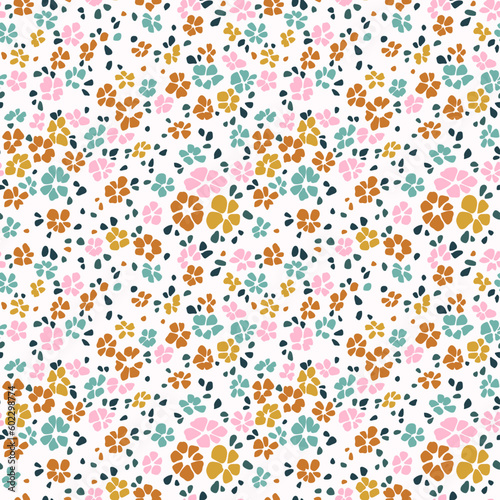 Beautiful floral pattern in small abstract flowers. Small multicolored flowers. White background. Ditsy print. Elegant template for fashion prints. Stock vector.