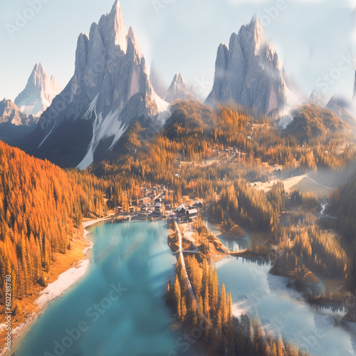 Aerial view of Lake Antorno in Dolomites,