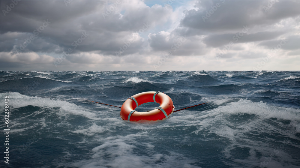 Naklejka premium Lifebuoy in a stormy blue sea Generative AI