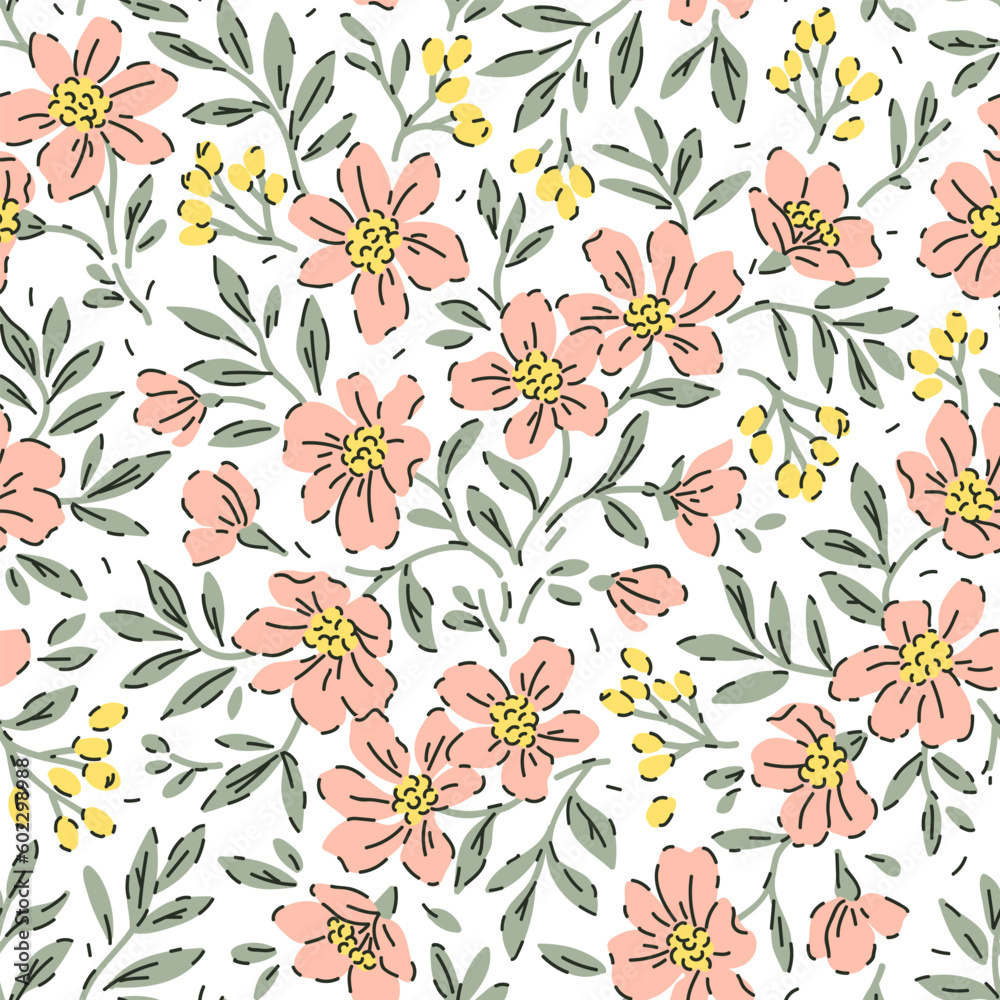 Vintage seamless floral pattern. Ditsy style background of small flowers. Yellow berries. Small coral flowers scattered over a white background. Stock vector for printing on surfaces and web design.