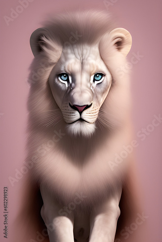 The king of animals is the war lion. Abstract portrait of a wild animal. Pastel pink background. Illustration, generative ai