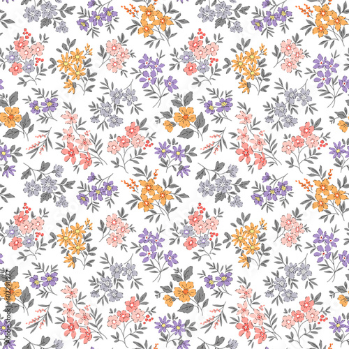 Vector seamless pattern. Cute pattern in retro flowers. Small colorful flowers. White background. Ditsy floral background. Vintage template for fashion prints. Stock vector.