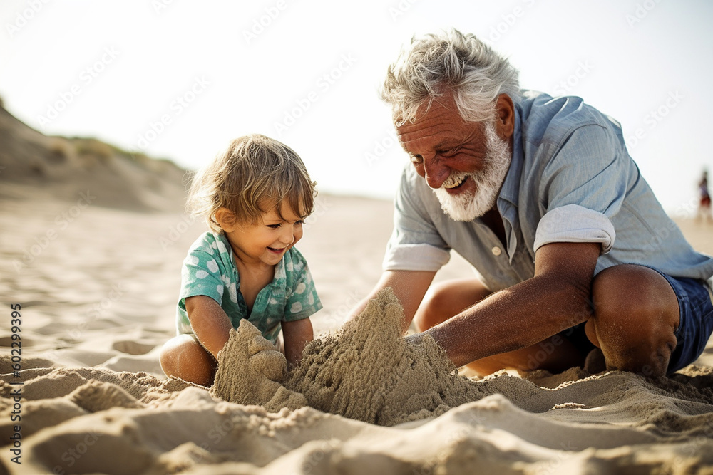 Old man and child playing sand on the beach on a sunny summer day Generated with AI... Old man and child playing sand on the beach on a sunny summer day Generated with AI...