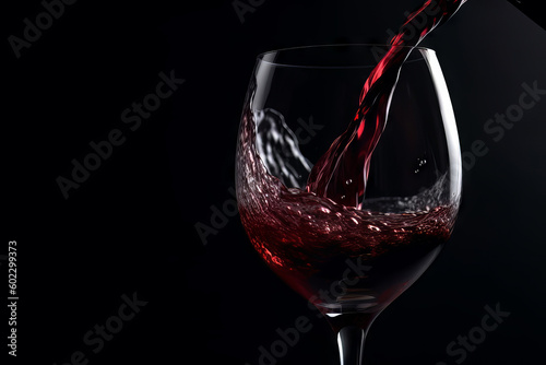 Pouring red wine into a glass against a dark backdrop, a scene of elegance and celebration unfurls. The deep hue of the merlot, the subtle motion, all contribute to a sense of allure. Generative AI.