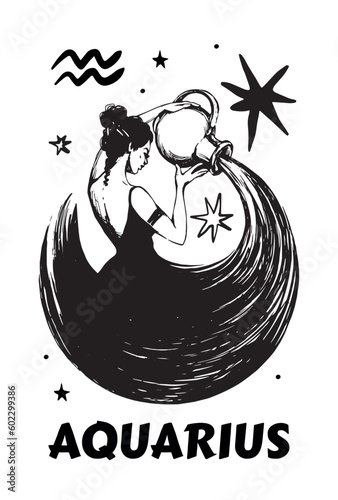 Aquarius zodiac sign, beautiful woman in a dress pours water from a jug, astrology boho card, air element. Vector vintage hand drawing, modern mystical banner.