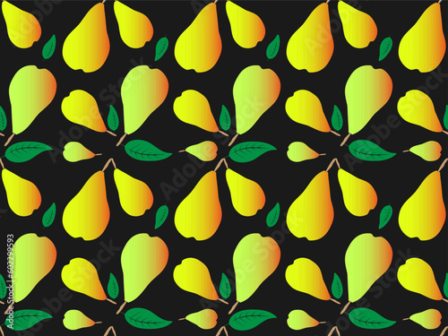 Pattern Pear. Vector illustration pear fruits & pear leaves on black backgroung.