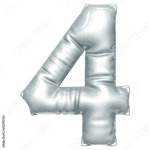 Silver balloon font 3d rendering  ln Number 4