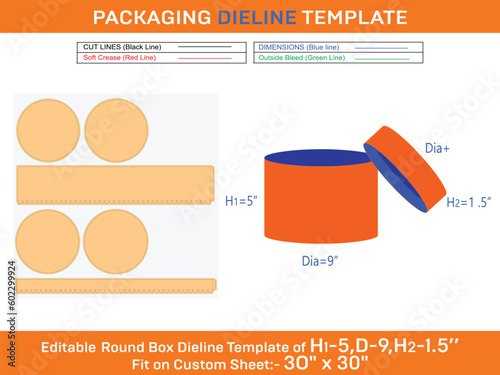 Symphony hat box, round lid box dieline template with the dimension H1 5, D 9, H2 1.5 inch