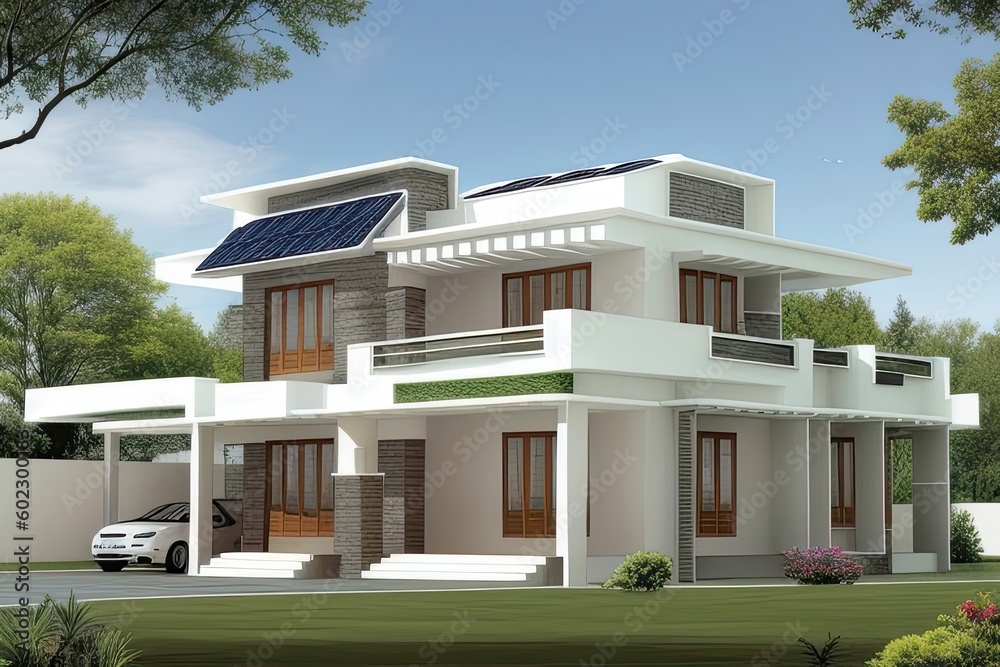Design of modern house with solar panels on the roof. Concept ecological clear alternative energy. Generative AI. Design of modern house with solar panels on the roof. Concept ecological clear alternative energy. Generative AI.