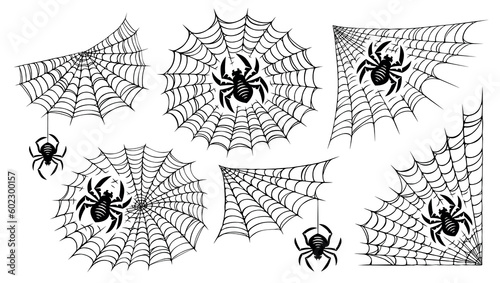 Spiderweb, spider set. Black mesh patterns with halloween party ornament. Vector illustration