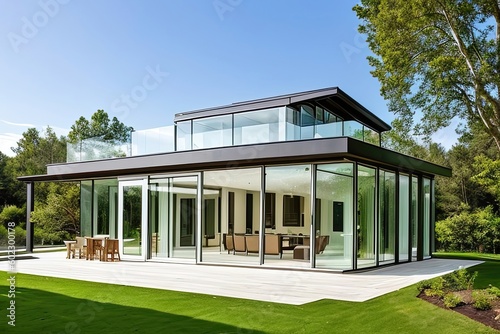 Design of modern cozy half-timbered glass house for sale or rent in luxurious style and beautiful landscaping on background. Generative AI. © IhorStore