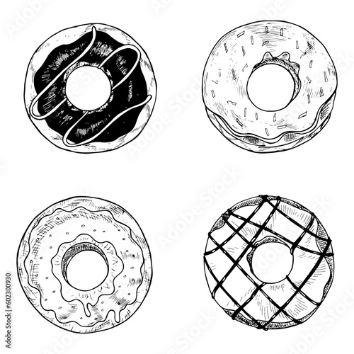 Hand drawn vector illustration - Set of tasty donuts. Sketch. Sweet desserts