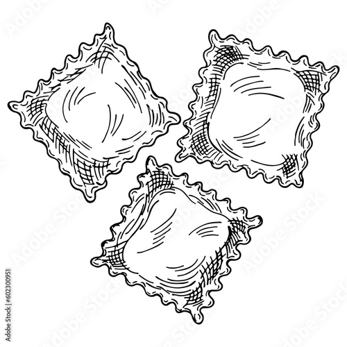 Italian pasta ravioli with meat or cheese inside. Hand drawn sketch style illustration of traditional italian food. Best for menu designs and packaging. Vector drawing isolated on white background.