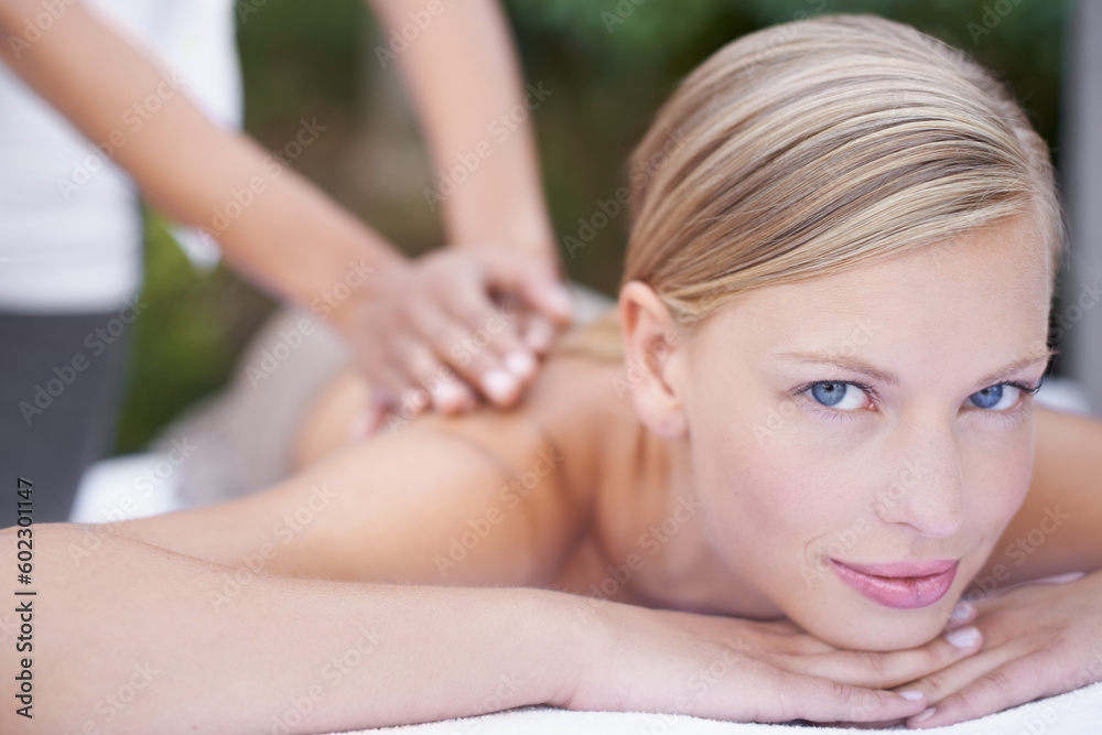 Face, woman in portrait and back massage at spa with holistic treatment and self care. Wellness, young female person relax at luxury resort with masseuse and physical therapy with healing and zen Face, woman in portrait and back massage at spa with holistic treatment and self care. Wellness, young female person relax at luxury resort with masseuse and physical therapy with healing and zen