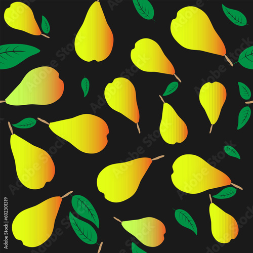 Pear pattern. Vector illustration pear fruits & pear leaves, which
arranged randomly on a dark background.