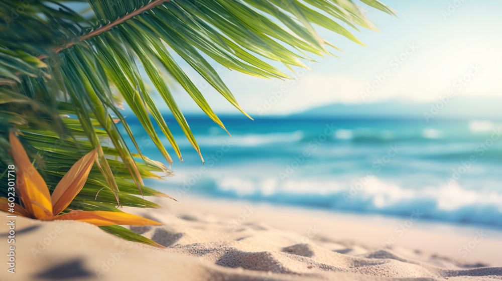 Palm leaf on the beach, tropical vacation summer background with copy space. AI 