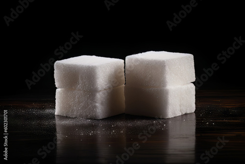Cubes of sugar stands out starkly against a dark background. A small block of sweetness waiting to enhance your drink. Counting calories for healthy eating. Generative AI.