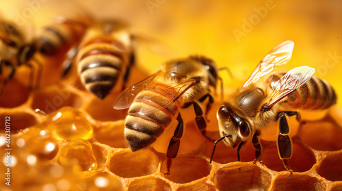 Closeup view of the working bees on honeycomb. AI © Oleksandr Blishch