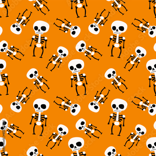 Seamless skeletons pattern in different angles on orange background. Cute Halloween holiday pattern. Flat style illustration. Holiday print of clothing, fabric or souvenirs