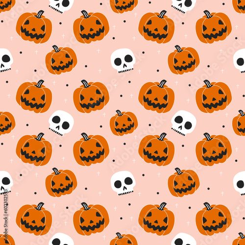 Seamless skull pattern, pumpkins on pink background. Cute and funny Halloween holiday pattern. Flat style illustration. Scandinavian hand-drawn style for holiday print of clothing, fabric or souvenirs