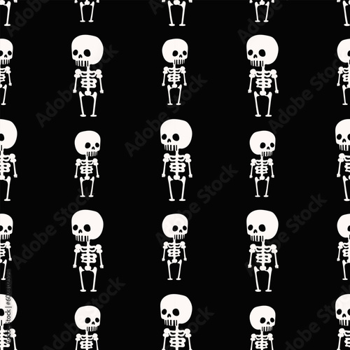 Seamless pattern of white skeletons on black background. Cute Halloween holiday pattern. Flat style illustration. Holiday print of clothing, fabric or souvenirs