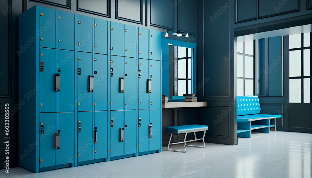 Sports background of a locker room with blue metal cage style lockers, some open, with a wooden bench Generative AI Sports background of a locker room with blue metal cage style lockers, some open, with a wooden bench Generative AI