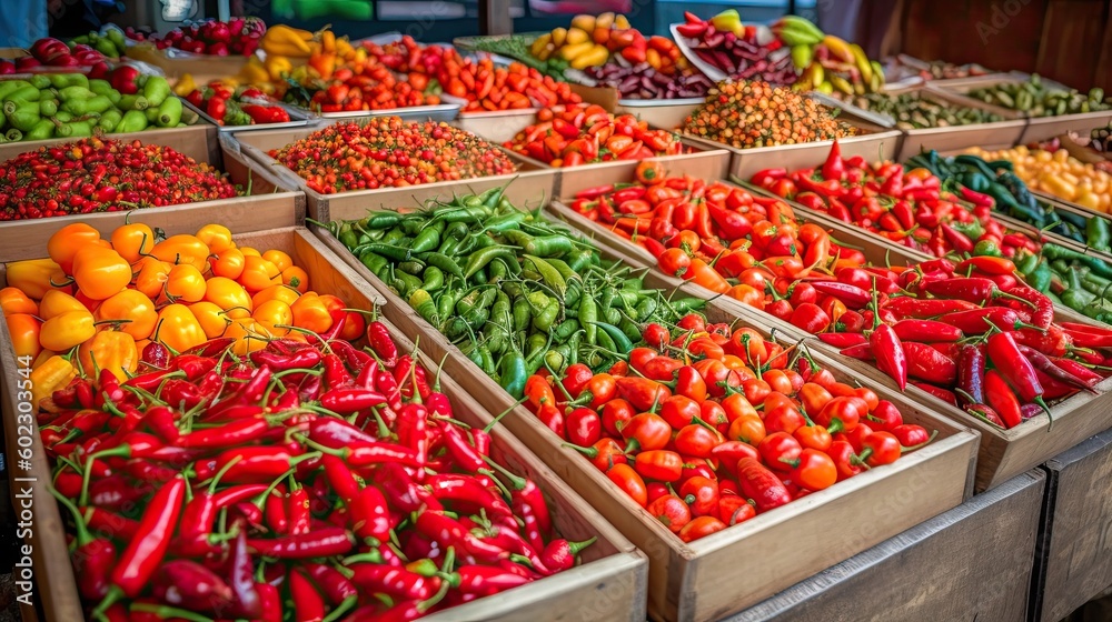 Exhibition of grocery stalls selling hot peppers of different types and