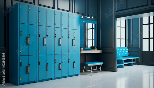 Sports background of a locker room with blue metal cage style lockers, some open, with a wooden bench Generative AI