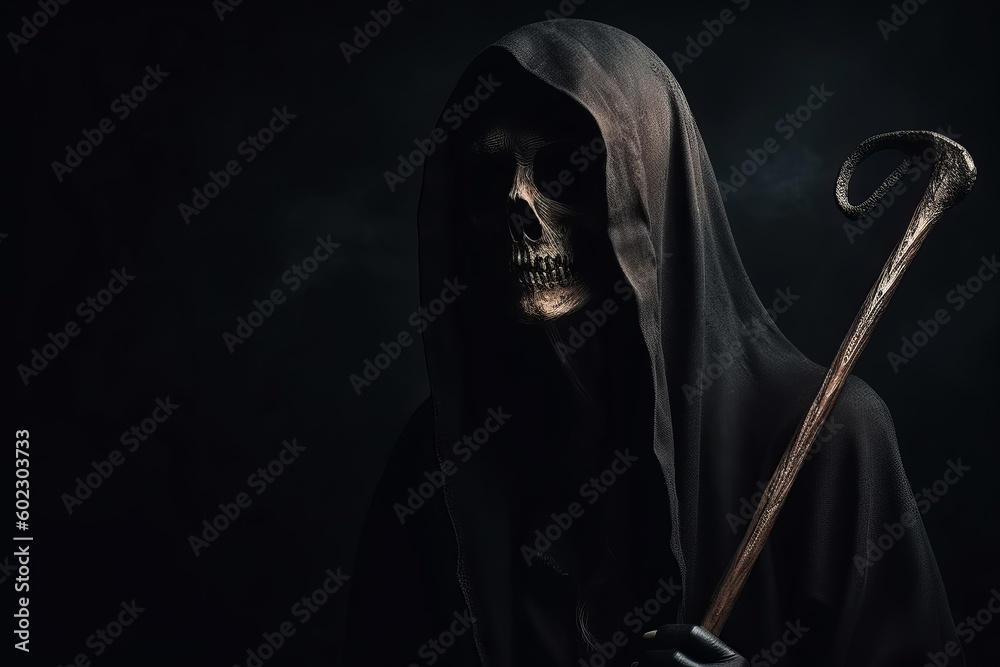 Grim reaper with hooded robe on dark background with copy space. Generative AI Grim reaper with hooded robe on dark background with copy space. Generative AI