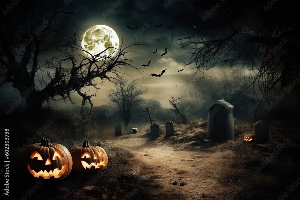 Spooky halloween background with full moon and pumpkins on graveyard. Generative AI