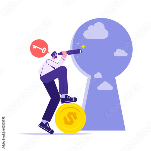 Businessman finds new business opportunities. Key to opening up new opportunities. vector illustration in flat style