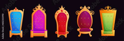 Crown throne. Gold chair. Emperors seat. Royal king armchair. 3D luxury carving. Sofa decoration. Isolated classic furniture. Palace interior elements set. Vector cartoon illustration