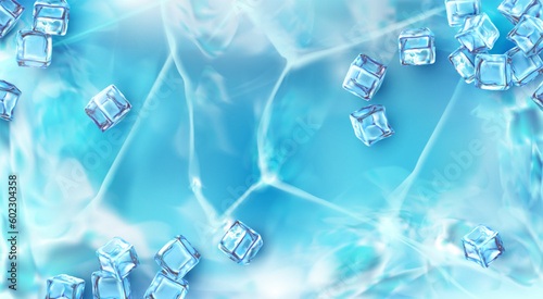 Ice background. Realistic cold texture. Icy cubes. Fresh blue frozen water. Winter season. 3D frosty surface. Arctic glacier. Blank wallpaper scene. Vector exact abstract illustration
