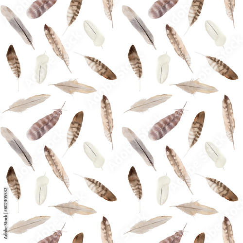 Hand painted watercolor seamless pattern with feathers 
