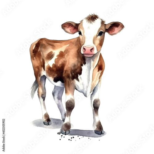 Cow watercolor tender warm colors, appeasement, pasture, white, brown, full height, nature, farm, agriculture, village, farmer, care, milk. Animals concept. Vector illustration.