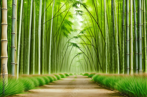 A peaceful and serene bamboo forest with tall bamboo trees, bamb photo