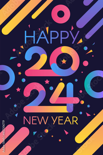 Modern Happy New 2024 Year Holiday poster in night blue sky colors with date 2024 and holiday attributes. Template for printing  announcement poster for inviting guests to celebration. Vector