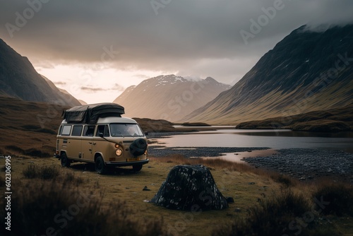 Vintage camper van by the lake.