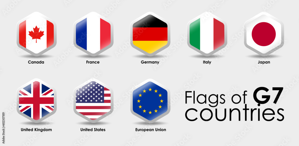 G7 summit flags Isolated icons. Group of Seven vector flags symbol. Simple Hexagon shape design. G7 summit flags Isolated icons. Group of Seven vector flags symbol. Simple Hexagon shape design.